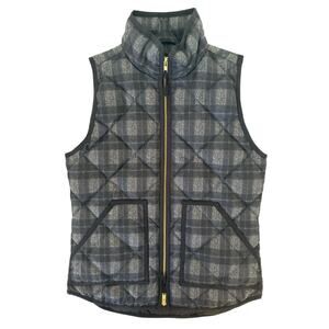 J. CREW Down Quilted Puffer Vest Sz XXS Black Gray Blue Plaid Full Zip Pockets